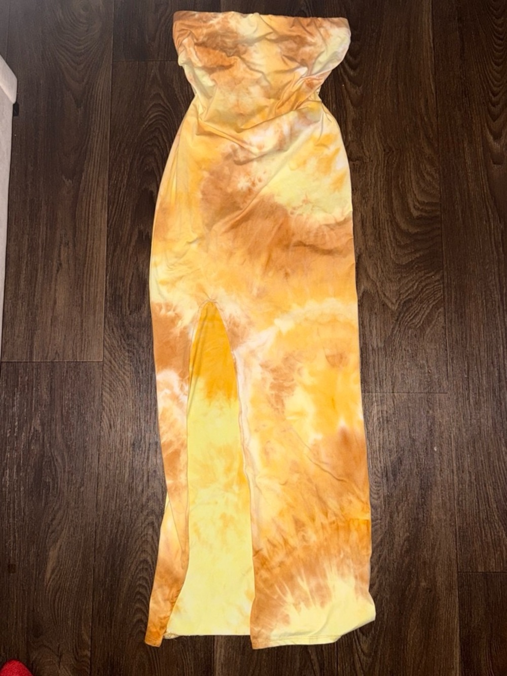 Strapless Yellow Tie-Dye Maxi Dress with Front Slit